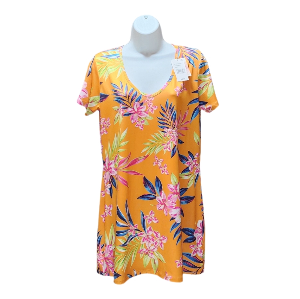 Jessica Simpson Short Sleeve Tropical Leaf Print T-Shirt Dress UPF30 Multicolor